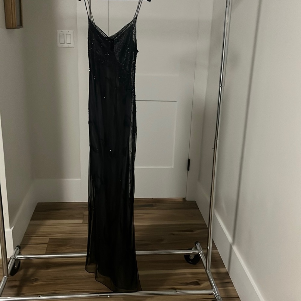 Vintage tahari gown, prom dress, maxi, long grey slip with black beaded lining.